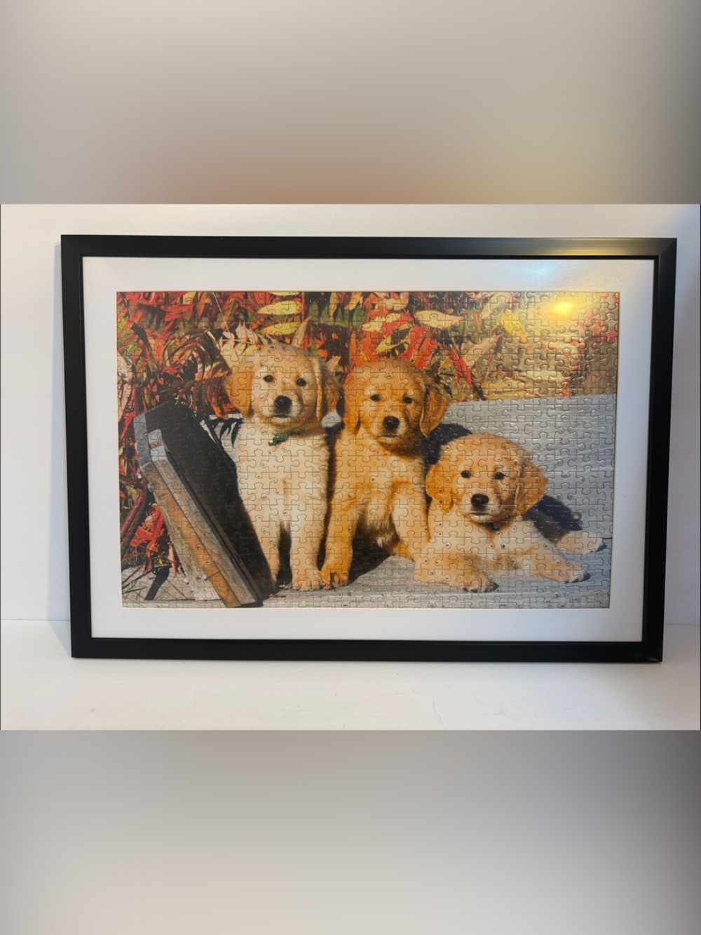 Framed Golden Retriever Puppies Dog Puzzle Wall Art - Brown
